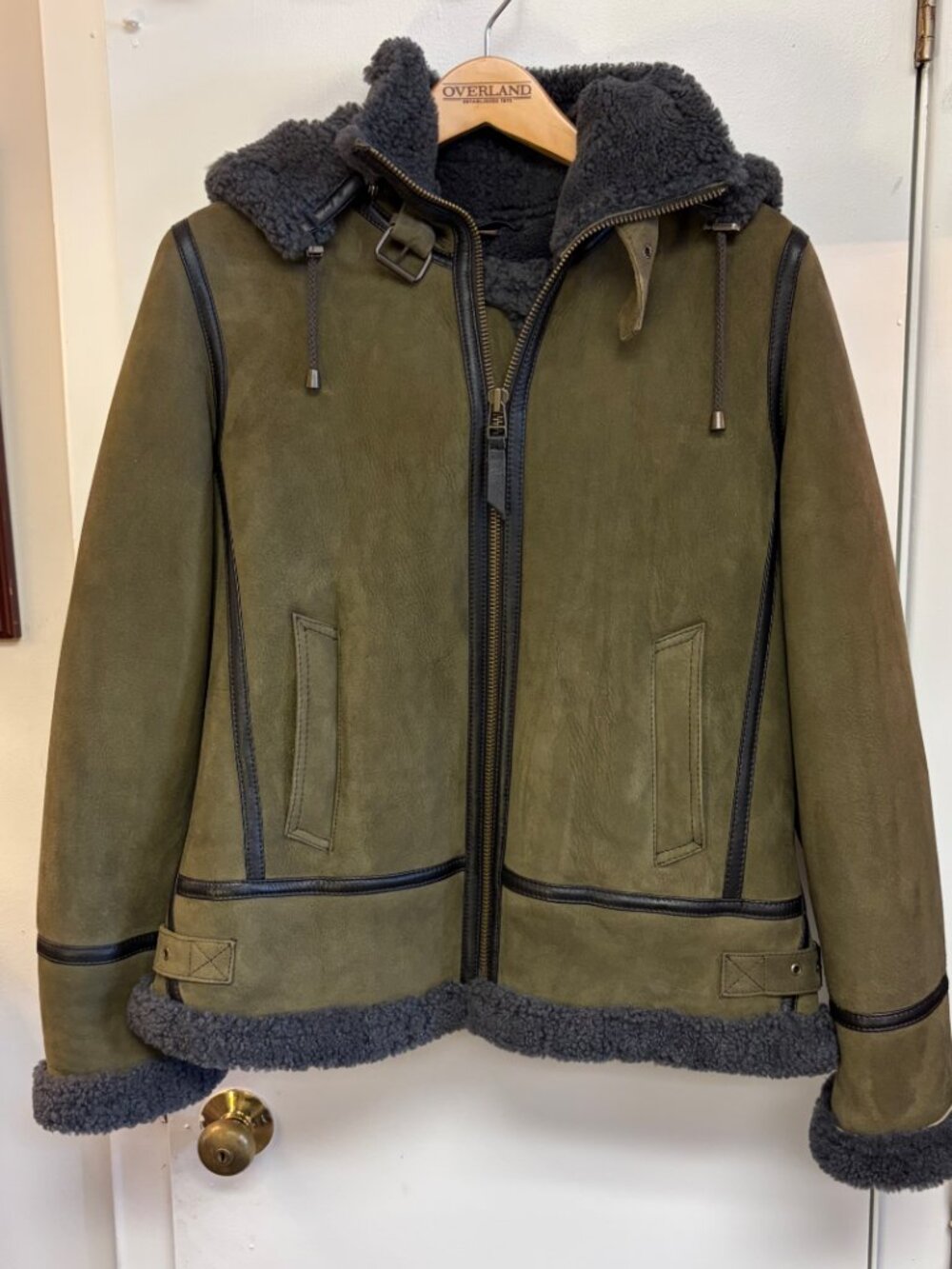 Overland Olive Shearling Sheepskin Hooded Jacket Women's Medium